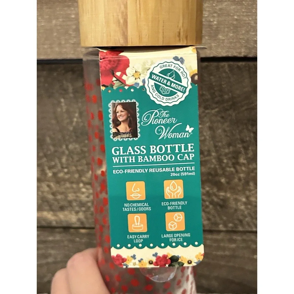 Pioneer Woman Glass Water Bottle with Red Polka Dots 20oz Bamboo Lid Rope Handle